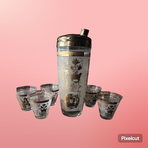 Vintage Hazel Atlas glass cocktail shaker with matching tumblers,