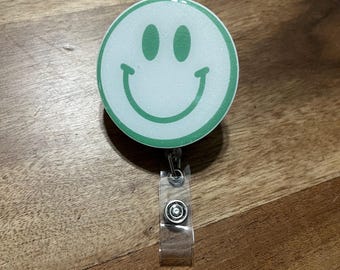 Happy Face Badge Reel, ID Holder, Interchangeable Badge Reel, Nurse Badge Reel, Teacher Badge Reel,  Glitter, Office, Healthcare