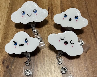 Cloud Badge Reel, Cute Cloud ID Holder, White Cloud Card Holder, Nurse Badge, Teacher Badge, Fun Badge Reel, Happy, Angry, Surprised, Sleepy
