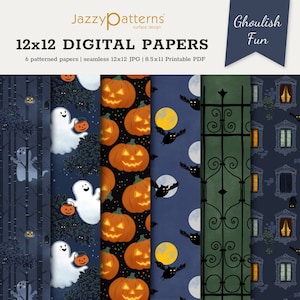 Puede incluir: Seis papeles digitales con temas de Halloween. Los papeles presentan un patrón repetitivo de calabazas, fantasmas, murciélagos y una puerta de hierro forjado. Los papeles miden 12x12 pulgadas y son imprimibles en formato 8,5x11 pulgadas.