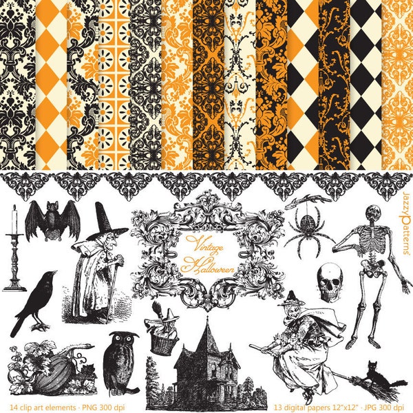 Vintage Halloween clipart and digital paper pack, witch, haunted house, skeleton, raven, ornate frame, bat, spider