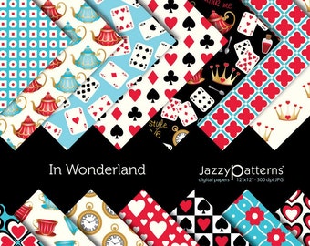 In Wonderland digital papers for scrapbooking, home, party and classroom decor, teapots background, playing cards, instant download