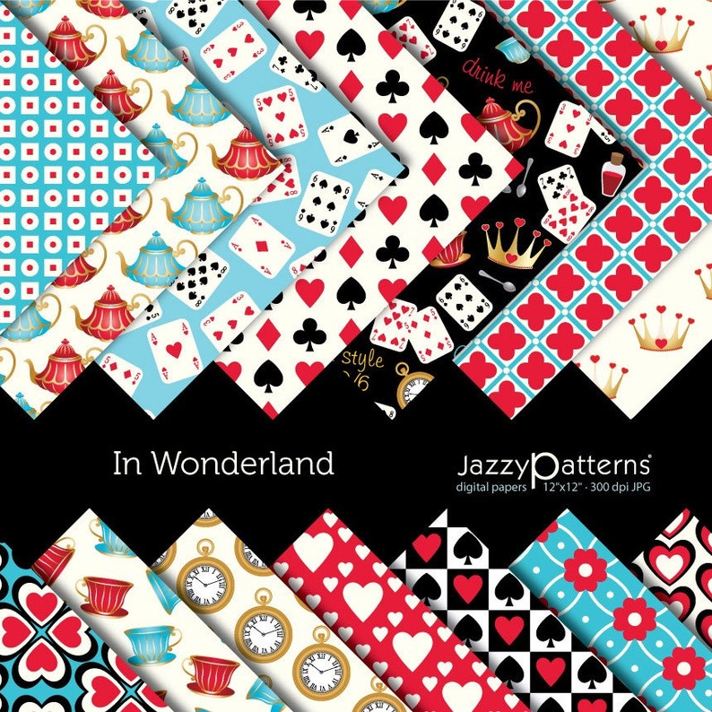 In Wonderland digital papers for scrapbooking, home, party and classroom decor, teapots background, playing cards, instant download image 1