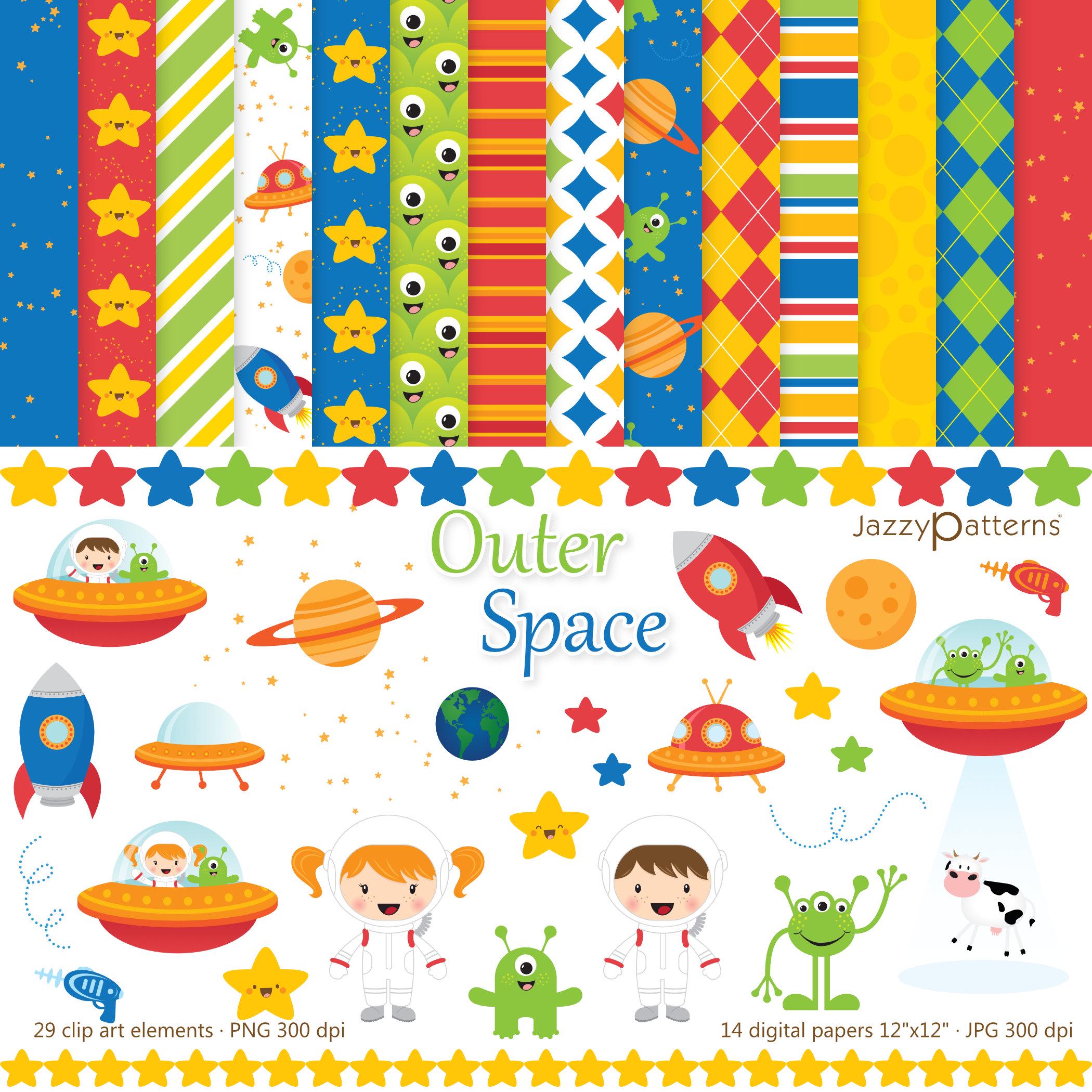 Space Clipart & Digital Papers: Astronauts, Aliens (Instant Download)