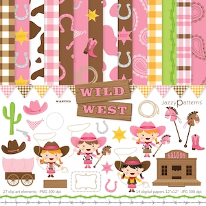Girly Wild West clip art and digital paper pack, instant download