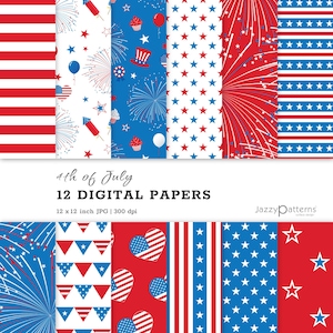Patriotic digital papers, 4th Of July backgrounds party and home decor, instant download
