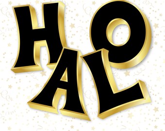 Peut inclure: Alphabet clipart noir et or avec le mot "HOL" en 3D. Chaque lettre mesure 15 cm de haut et 300 dpi. Les lettres sont sur un fond blanc avec des étoiles dorées.