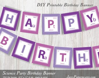 Banner imprimible para fiesta de ciencia en morado y lila, frase de feliz cumpleaños, descarga instantánea