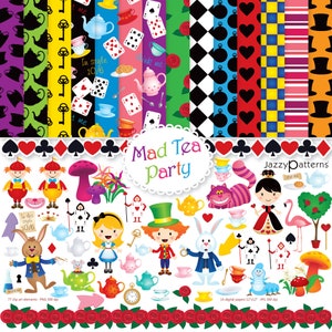 Clipart di Alice e documenti digitali per feste nel paese delle meraviglie, decorazioni per aule, download immediato