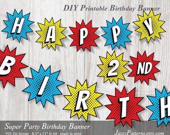 Superhero birthday banner, printable party decoration, comic book style, instant download