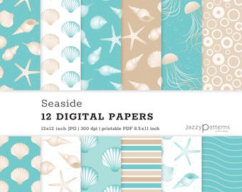 Seashell digital papers, beach and coastal printable backgrounds in turquoise and beige, instant download