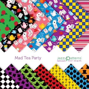 Papéis digitais Mad Tea Party, fundos de Alice, bules, cartas de baralho, chapéus, rosas, download instantâneo para impressão