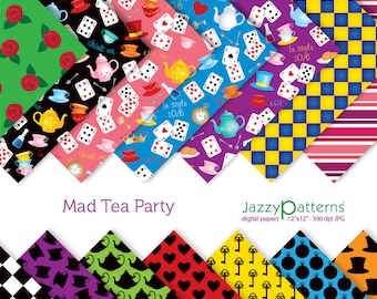 Alice digital scrapbook papers, tea party backgrounds, digital download