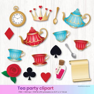 Puede incluir: Un conjunto de imágenes de clipart digital con temática de fiesta del té. Las imágenes incluyen una tetera, tazas de té, una corona, cartas de juego, una rosa, una botella, un rollo y un reloj de bolsillo. Las imágenes están en un estilo caprichoso y son perfectas para proyectos de manualidades, invitaciones y decoraciones de fiesta.