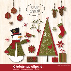 Images clipart de Noël à l'esthétique simple, rustique et traditionnelle pour créations artisanales en papier, étiquettes cadeaux, tenue de journal et décoration des fêtes, téléchargement immédiat