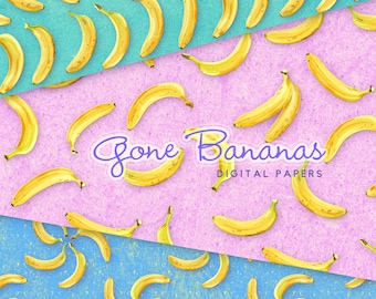 May include: A digital paper pack with a pattern of yellow bananas on a blue and pink background. The text "Gone Bananas Digital Papers" is written in purple on the pink background.