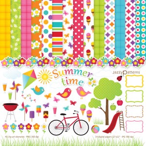 May include: A collection of colorful digital papers and clip art elements with a summer theme. Includes patterned papers with polka dots, stripes, and floral designs, plus illustrations of a bicycle, ice cream, and birds. The text "Summer time" is also included.