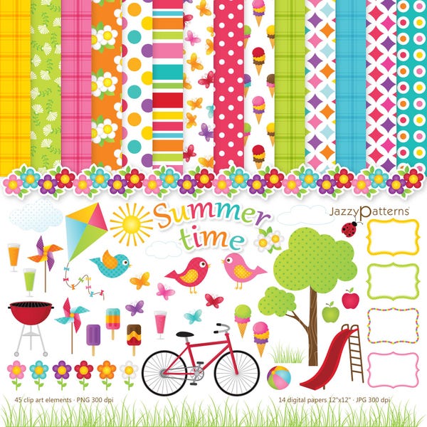 Sommer Clipart und digitale Papiere, Fahrrad, Baum, Park, Vögel, Blumen zum Ausdrucken