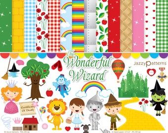 Wizard of Oz clipart and digital papers, Dorothy, flying monkey, tin man, yellow brick background, emerald city, instant download