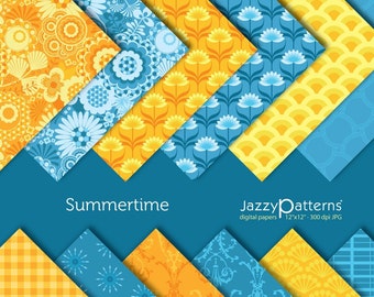 Peut inclure: Un ensemble de 10 papiers numériques dans une palette de couleurs estivales de jaune et de bleu. Les motifs présentent divers designs floraux et géométriques. Le texte "Summertime" et "JazzyPatterns" est inclus dans l'image. Les papiers numériques mesurent 12x12 pouces et 300 dpi.