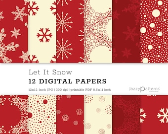 Papeles digitales de copos de nieve: fondos de encaje rojo y crema (descarga digital)