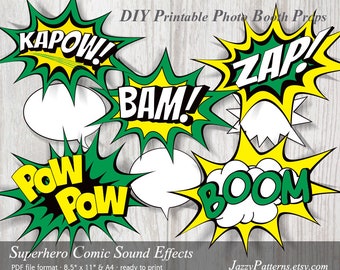 Superhero comic balloons, burst bubble sound effects in green, yellow and black, word balloons, printable instant download