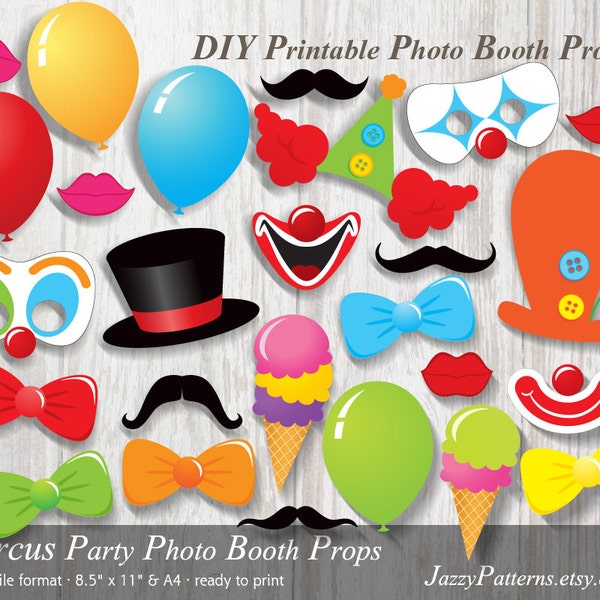Circus photo booth props, printable carnival party decoration, ice cream cone, top hat, mustache, clown mask, instant download DIY