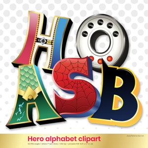 Alfabeto de super-heróis clipart, letras temáticas de quadrinhos 3D, 2 conjuntos, download instantâneo