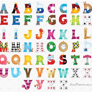 Alice illustrated letters clipart for classroom decoration, custom Wonderland illustrated birthday banner DIY, printable alphabet download image 4