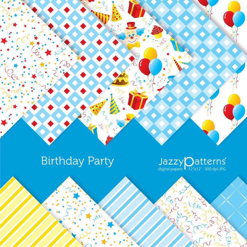Digital paper pack Birthday Party in blue, confetti backgound, printable instant download