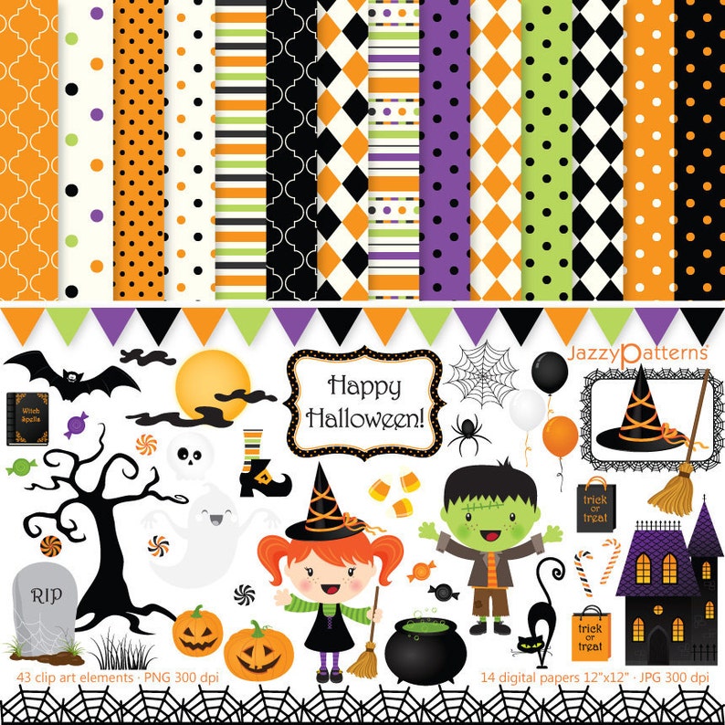 Halloween clipart and digital papers pack, instant download image 1