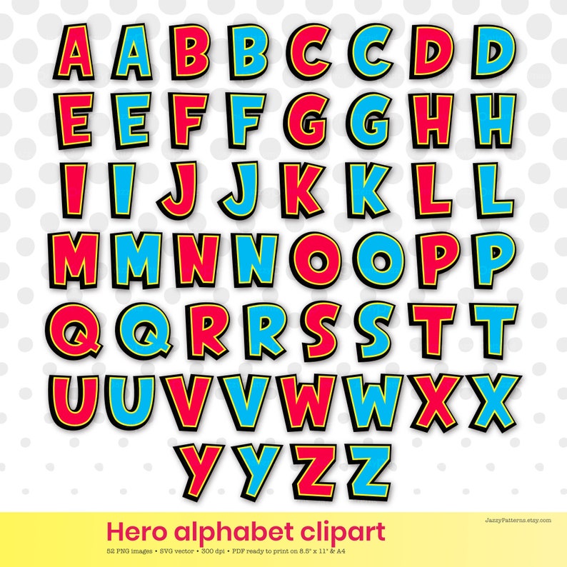 A colorful alphabet clipart set with red, blue, and yellow letters outlined in black. The letters are in a comic book style font. The letters are arranged in alphabetical order.