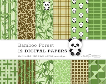 Papeles digitales de bosque de bambú con imágenes prediseñadas de panda, descarga instantánea