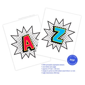 Printable alphabet letters in a comic book style. The letters A and Z are shown in red and blue with a yellow outline. Each letter is 8 inches tall and is set against a black and white polka dot background.