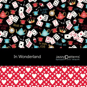 In Wonderland digital papers for scrapbooking, home, party and classroom decor, teapots background, playing cards, instant download image 2
