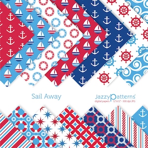 Cyfrowe papiery marynistyczne do scrapbookingu w kolorze niebieskim, czerwonym i białym Sail Away, do wydruku i natychmiastowego pobrania