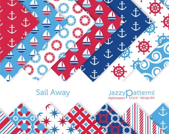 Nautical digital papers for scrapbooking in blue, red and white Sail Away, printable instant download