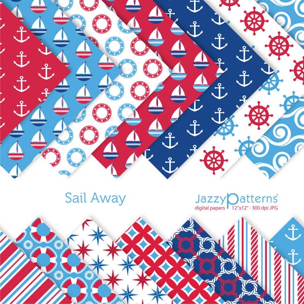 Nautical digital papers for scrapbooking in blue, red and white Sail Away, printable instant download