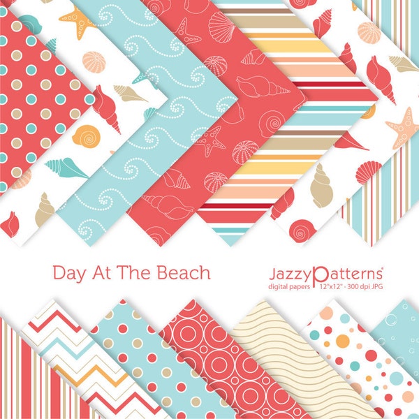 Beach digital papers, seashells and waves coastal designs, printable instant download