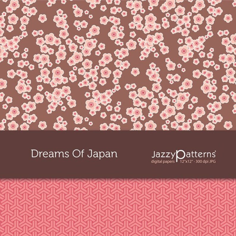 Dreams of Japan digital papers in pink and brown for scrapbooking, home party decor, cherry blossom background, printable instant download image 4