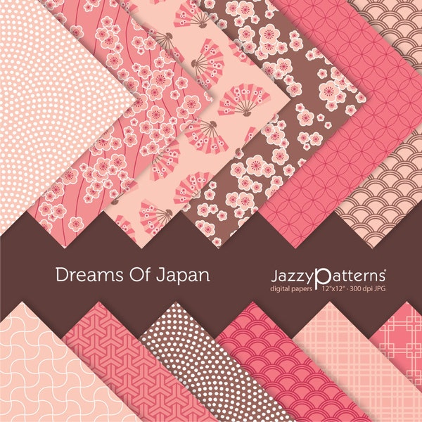 Dreams of Japan digital papers in pink and brown for scrapbooking, home party decor, cherry blossom background, printable instant download