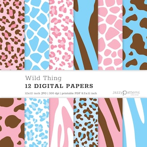 May include: Twelve digital papers featuring animal print patterns in pink, brown, and blue. The patterns include leopard, giraffe, and zebra prints. The text "Wild Thing 12 DIGITAL PAPERS 12x12 inch JPG | 300 dpi | printable PDF 8.5x11 inch Jazzy patterns" is at the bottom of the image.