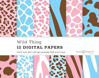 Papel digital con estampado animal: rosa, azul y marrón (descarga digital)