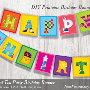 Druckbares Buchstaben Banner für die Wunderland Party, Alice illustrierte Buchstaben in kräftigen Farben, sofort download