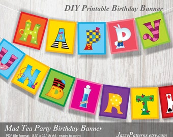 Printable letter banner for Wonderland party, Alice illustrated letters in bold colors, instant download