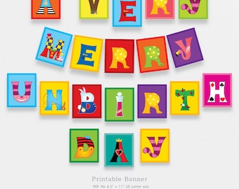 Printable Alice banner for very merry unbirthday party decor, instant download