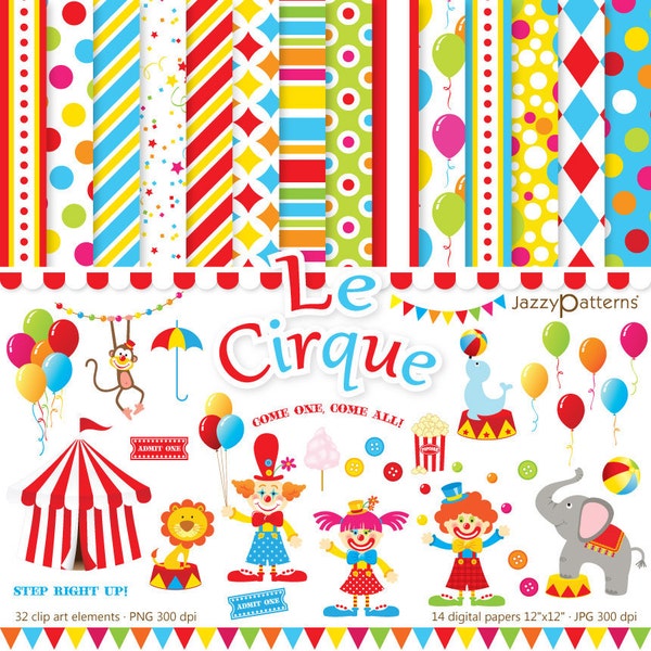 Circus clipart and digital papers, carnival big top, clowns, elephant, lion, popcorn, money, printable instant download