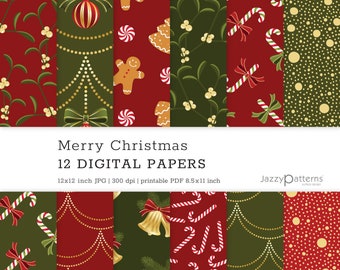 Peut inclure: Douze papiers numériques sur le thème de Noël. Les motifs incluent des ornements, des bonhommes en pain d'épices, des cannes en sucre et des pois dans les tons rouge, vert et or. Le texte "Merry Christmas" est affiché au-dessus des échantillons.