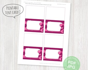 Tarjetas de lugar imprimibles, etiquetas de carpa con forma de gato a rayas rosas y moradas para fiesta, descarga instantánea