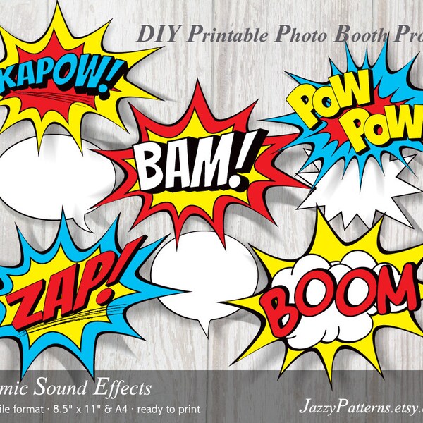 Comic book sound effects printable photo booth props, superhero birthday party decoration, burst bubble action words instant download